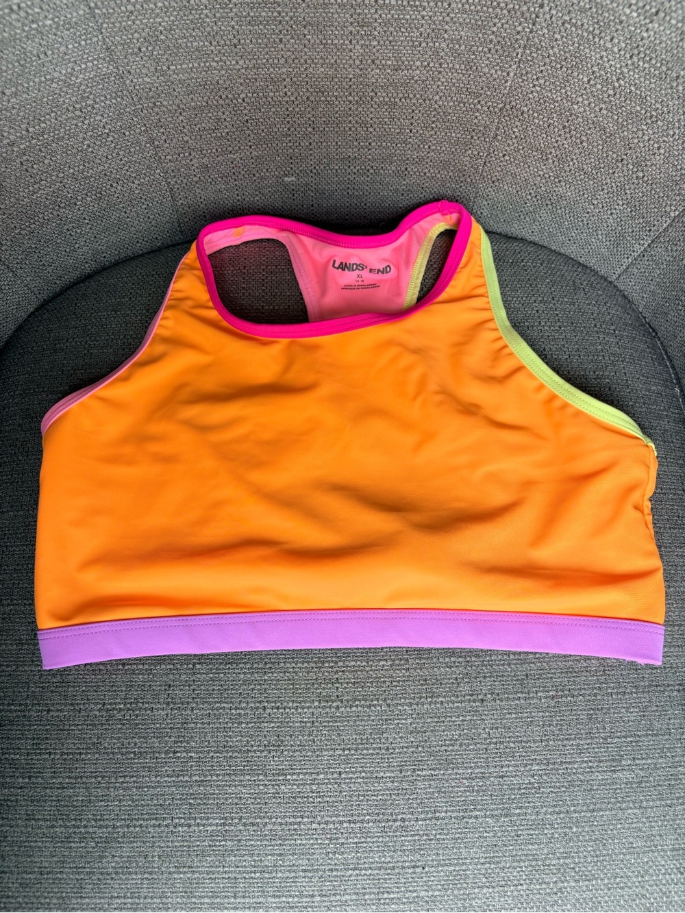 Lands' End Orange Colorblock Racerback Swimsuit top with Pink and Lime Trim